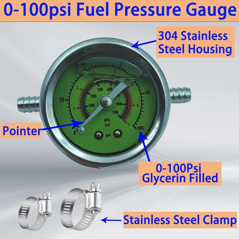 HFVSLFA 0-100psi Glycerin Filled Fuel Pressure Gauge Kit, Fuel Pressure Gauge Kit, 1-1/2" Dial Size Fuel Pressure Gauge for Car, 1/8'' NPT Inline Fuel Pressure Gauge with 3/8'' 5/16'' Barb, Back Mount - Image 3